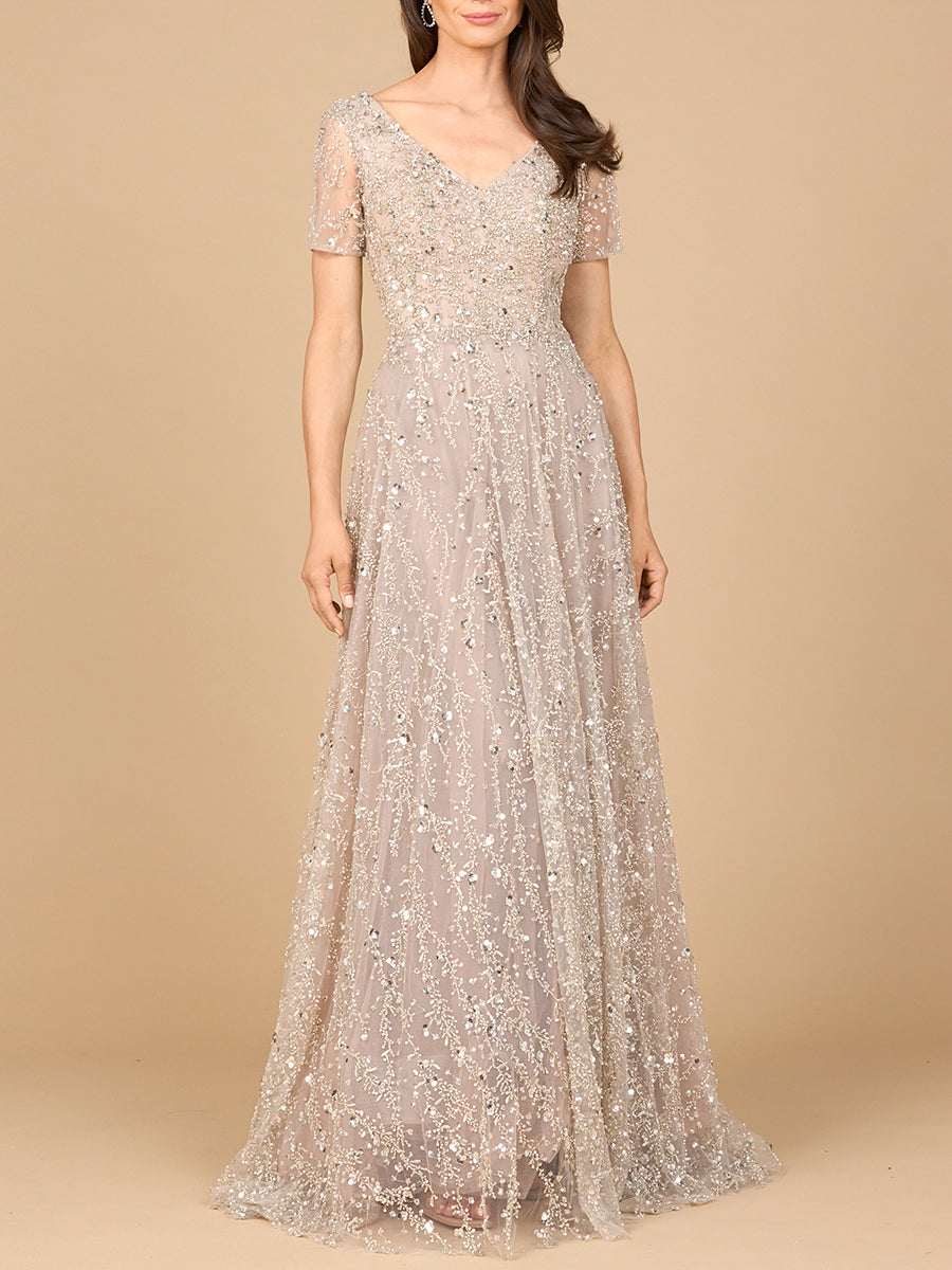 Lara 28958 - Short Sleeve V-Neck Beaded Ballgown