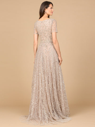 Lara 28958 - Short Sleeve V-Neck Beaded Ballgown