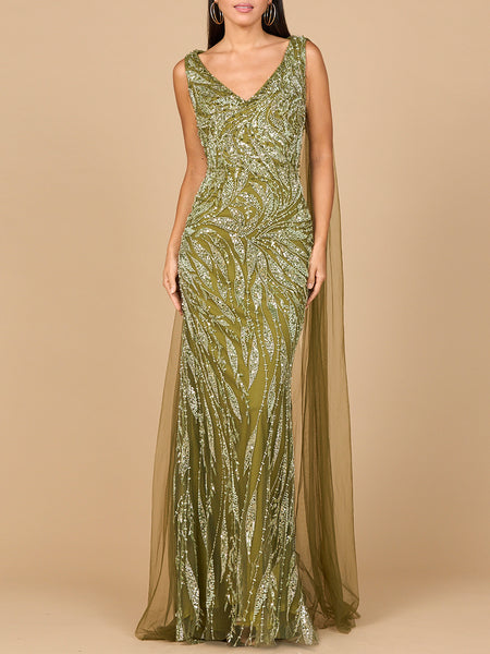 Lara Women's V - Neck Gown with Long Cape Sleeves - Champagne - 12