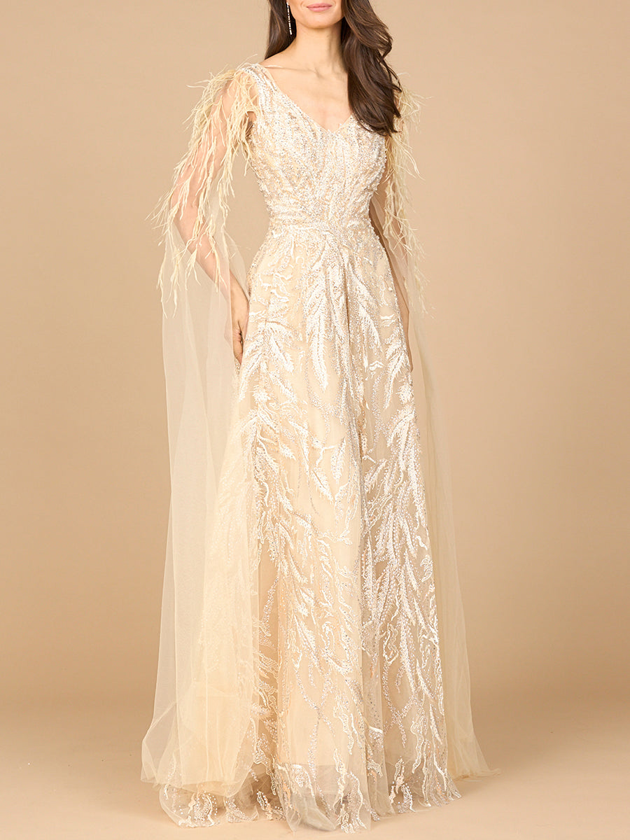 Lara 28965 - V-Neck Lace Gown with Cape Sleeves