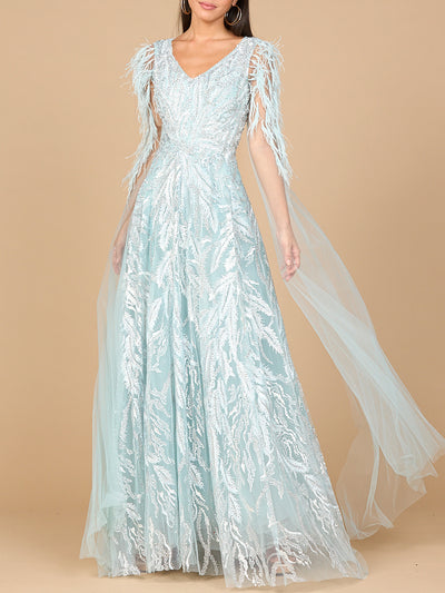 Lara 28965 - V-Neck Lace Gown with Cape Sleeves