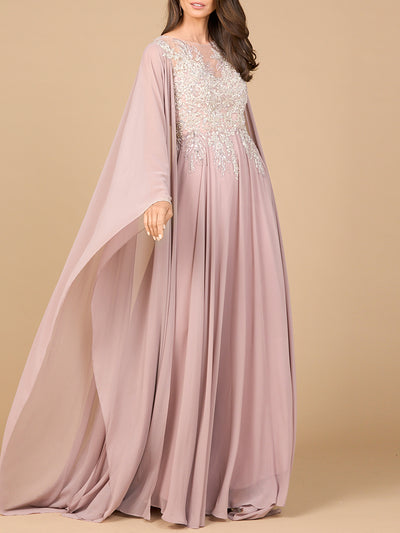 Lara 28968 - Chiffon A-line Long Gown with Cape Sleeves