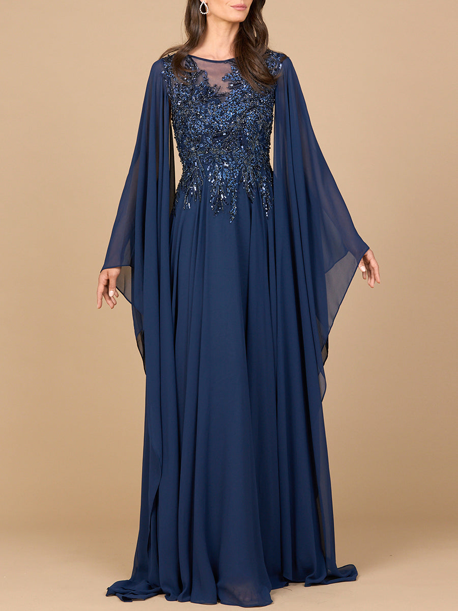 Chiffon A-line Long Gown with Cape Sleeves – Lara New York