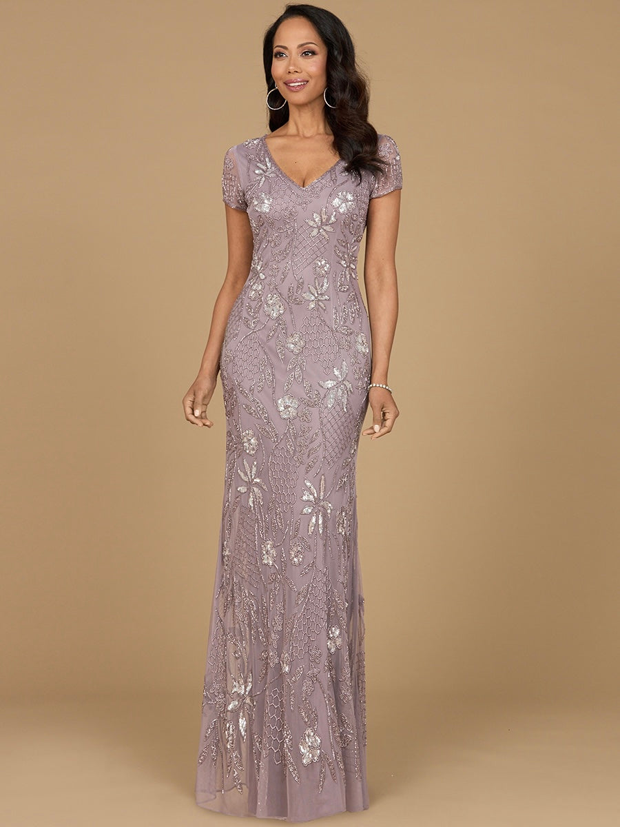 V-Neck, Short Sleeve Beaded Gown