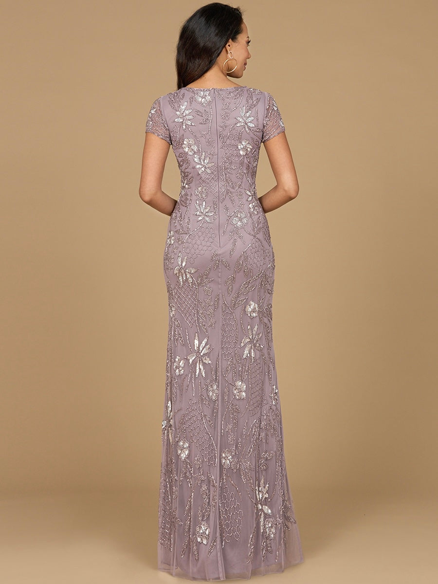 V-Neck, Short Sleeve Beaded Gown