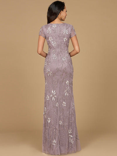 V-Neck, Short Sleeve Beaded Gown