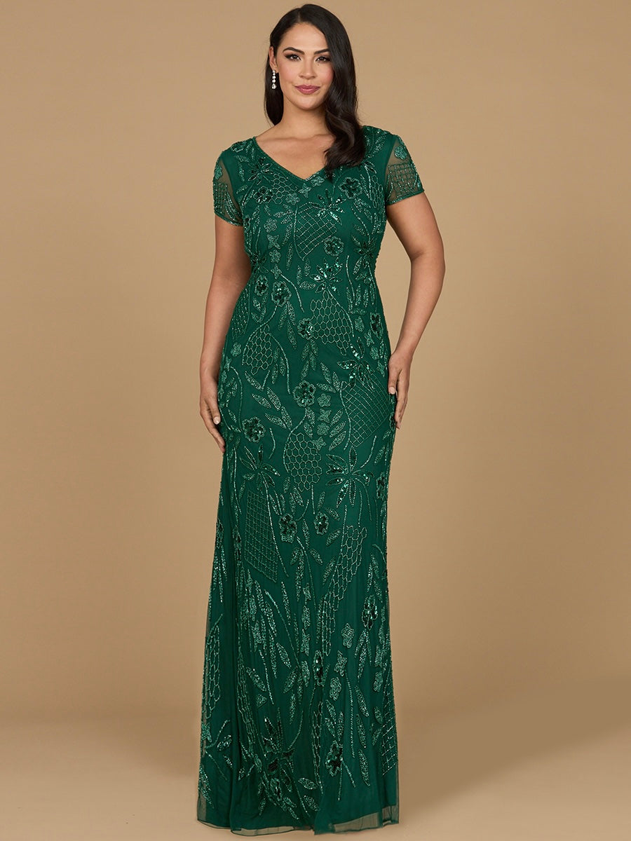 V-Neck, Short Sleeve Beaded Gown