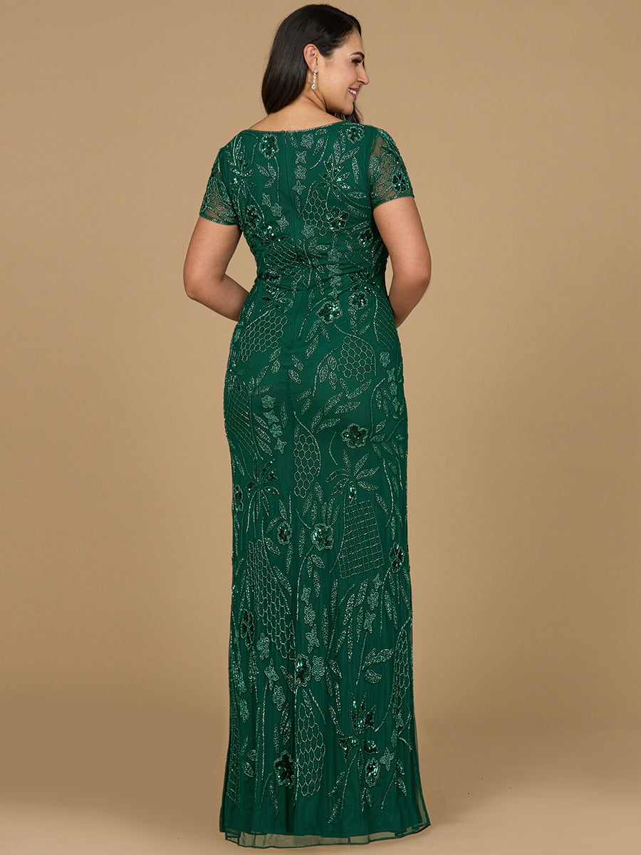 V-Neck, Short Sleeve Beaded Gown