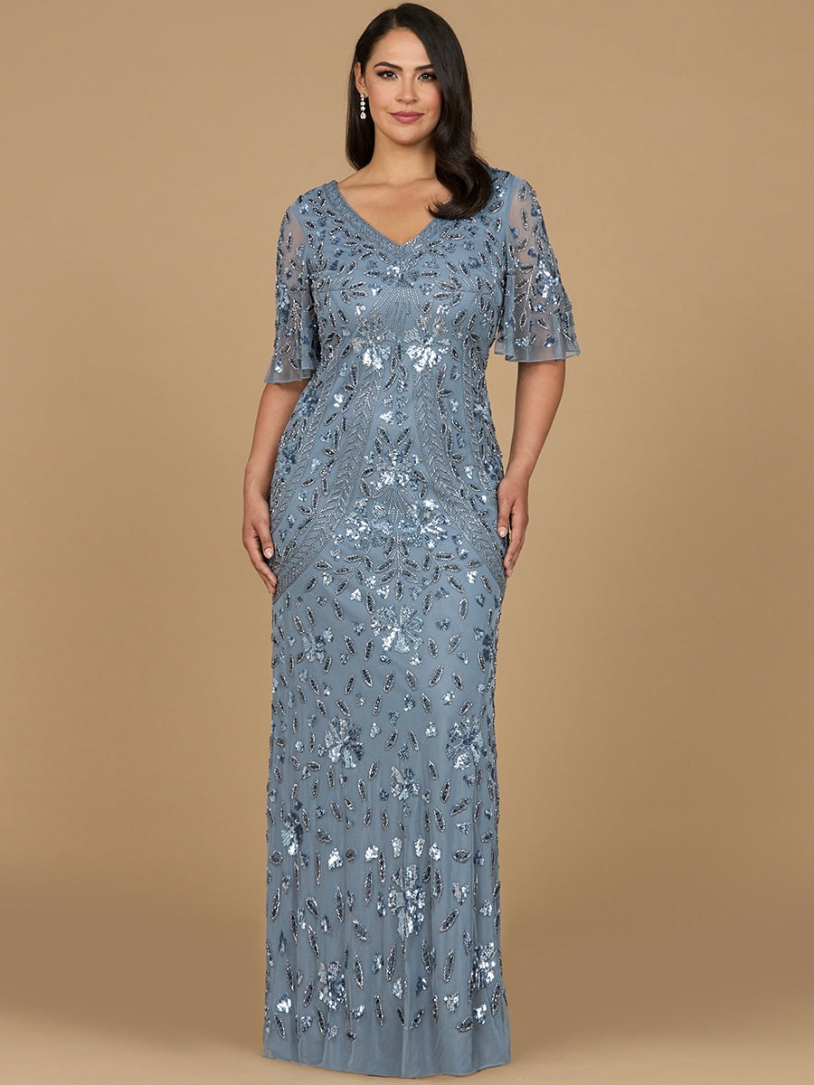 Lara 28975  - V-Neck, Cape Sleeve Beaded Gown