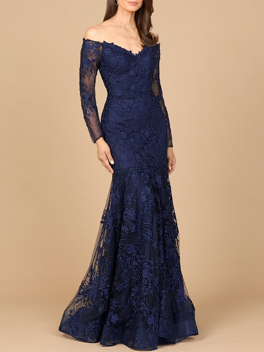 Off Shoulder Long Sleeve Mermaid Gown Navy / 22