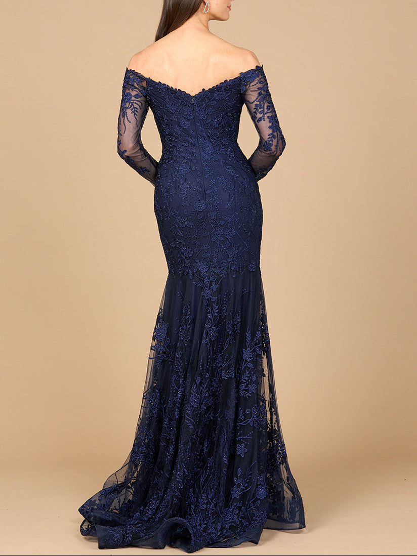Lara Off Shoulder Long Sleeve Mermaid Gown, Navy / 2 Lara Off Shoulder Long Sleeve Mermaid Gown, Navy / 2