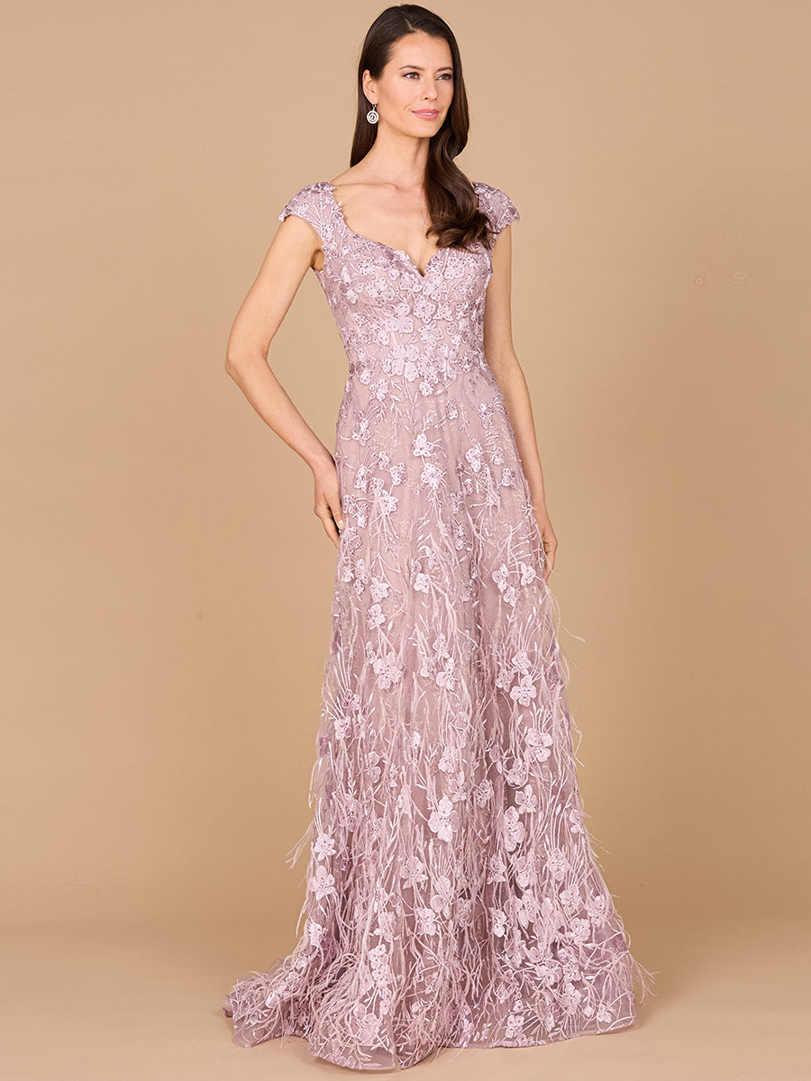 Lara 28986 - Cap Sleeves, A-line Dress with Feathers