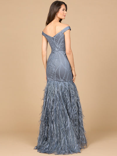 Lara 28988 - Off Shoulder Mermaid Beaded Gown with Feathers