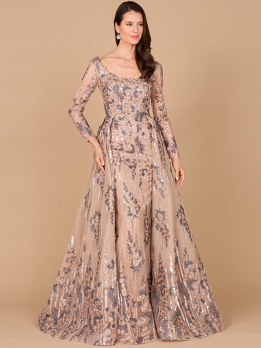 Lara 28990 - Long Sleeve Lace Gown with Overskirt