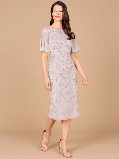 Lara 28996 - Beaded Midi Dress with Cape Sleeves