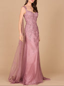 Embroidered Lace Gown with Flowing Capes