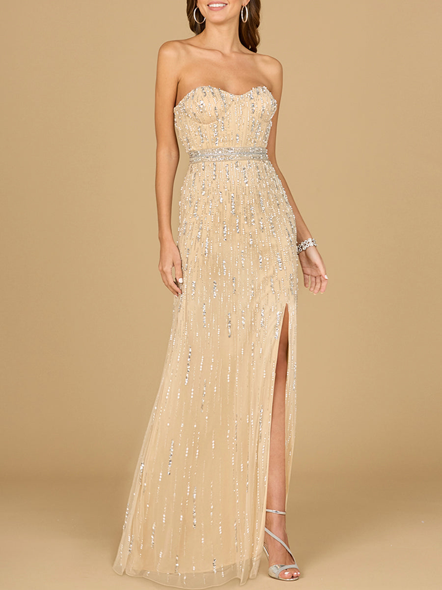 Lara 29035 - Strapless Beaded Gown with Slit