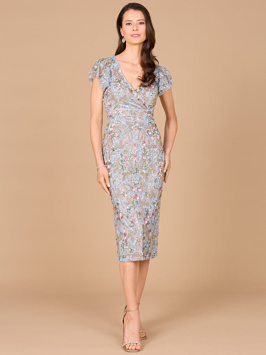 Lara 29036 - Floral Beaded Midi Dress