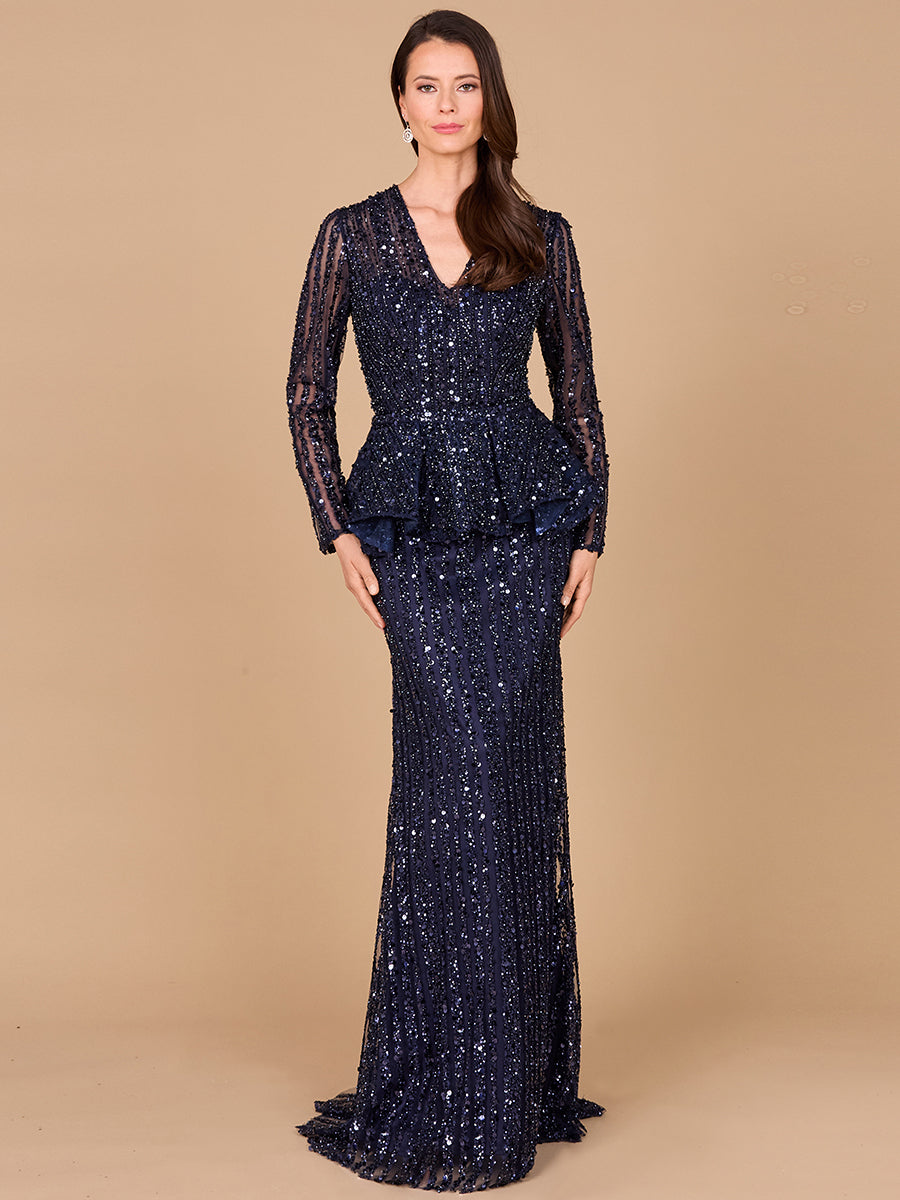 Sequin Dress Long Sleeve Peplum Dress Uk Mori Lee MGNY 72617 Long