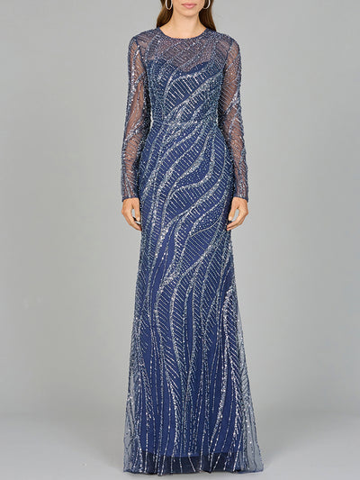 Lara 29039 - Long Sleeve Sheath Gown with Silver Beads