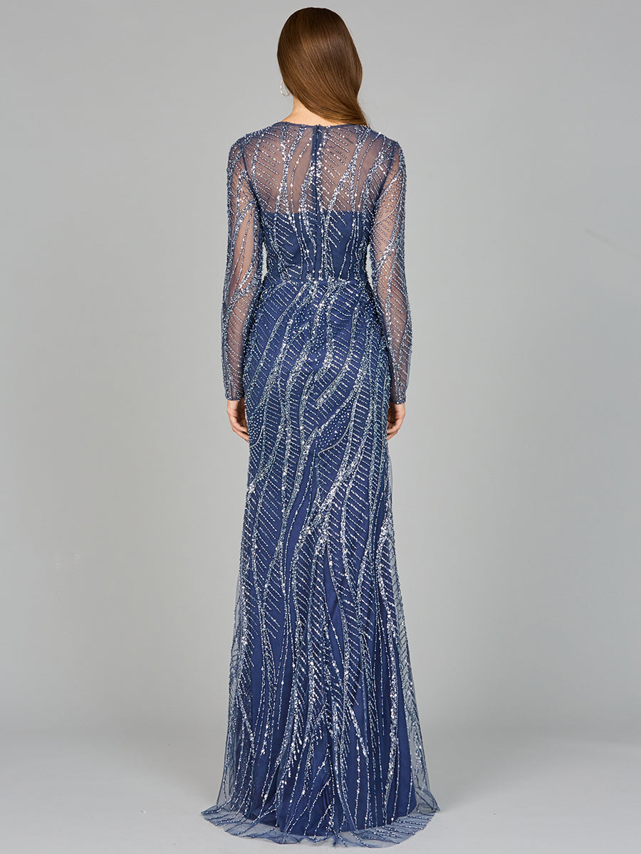 Lara 29039 - Long Sleeve Sheath Gown with Silver Beads
