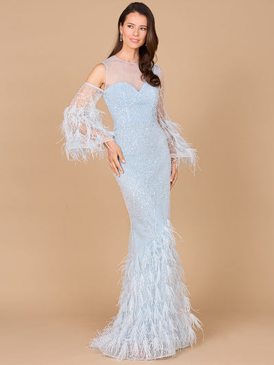 Lara 29041 - Cold Shoulder Mermaid Lace Gown with Feathers