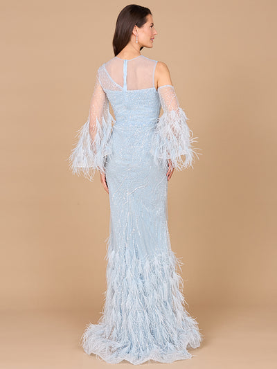 Lara 29041 - Cold Shoulder Mermaid Lace Gown with Feathers