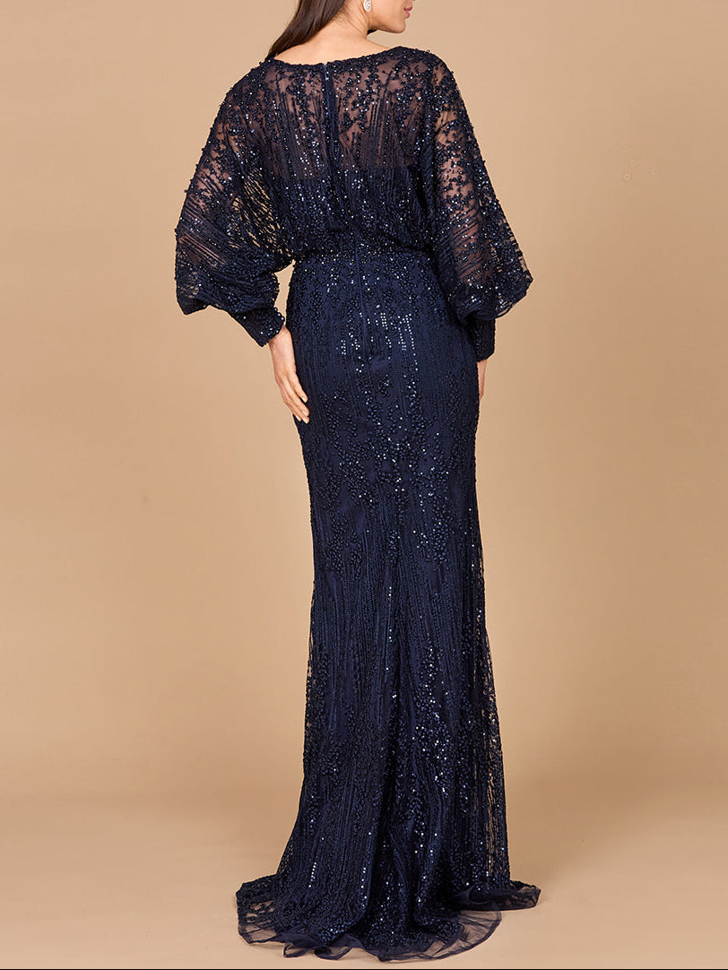 bishop sleeve formal dress Ladivine V-Neck A-Line Prom Dress with Long Sleeves Petal Blush / 10