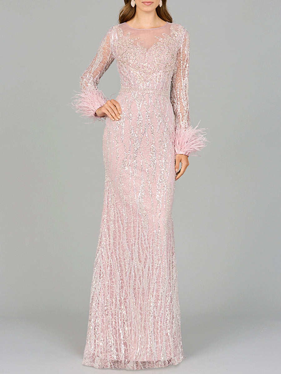 Lara 29049 - Long Sleeve Sheath Gown with Feathers