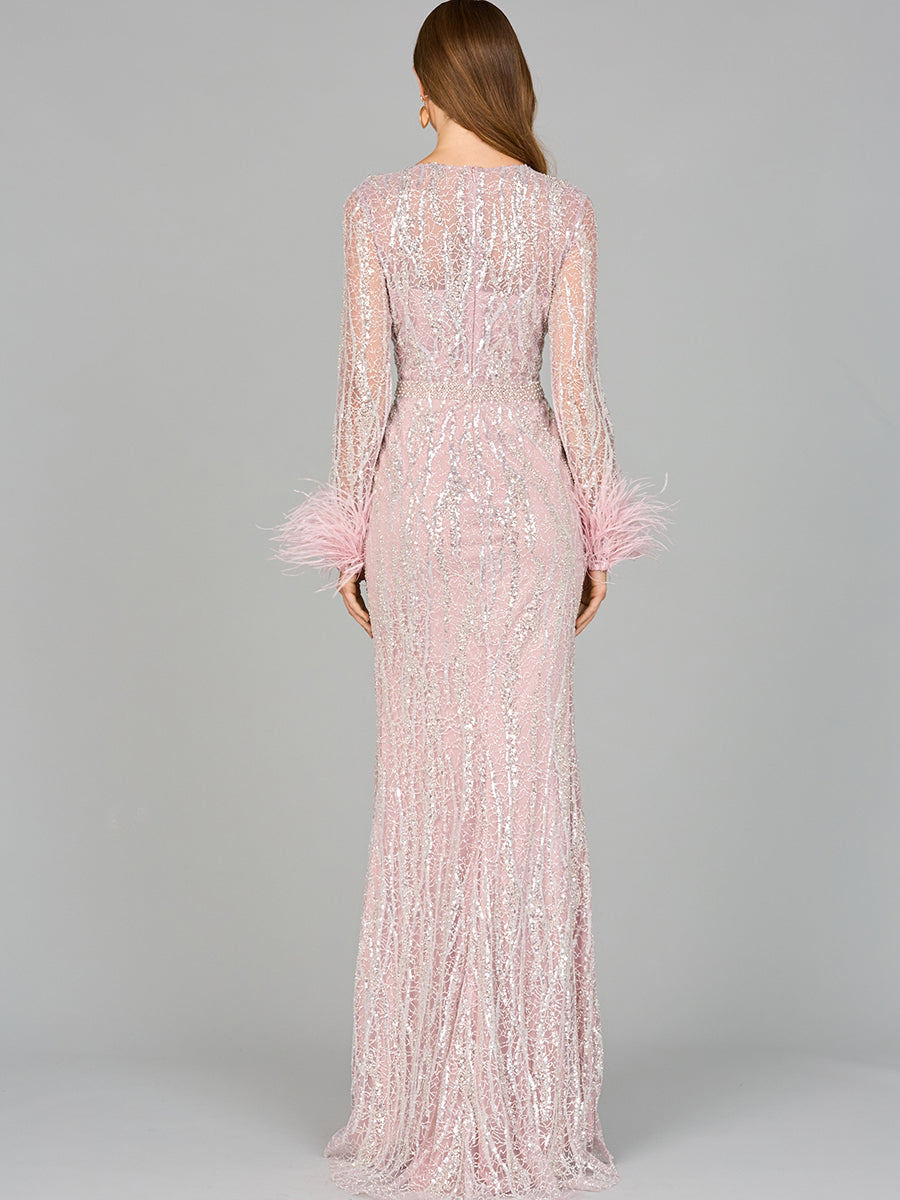 Lara 29049 - Long Sleeve Sheath Gown with Feathers