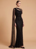 One Shoulder Fitted Gown with Cape Sleeve | Lara 29051