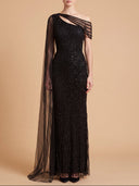 One Shoulder Fitted Gown with Cape Sleeve | Lara 29051