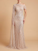One Shoulder Fitted Gown with Cape Sleeve | Lara 29051