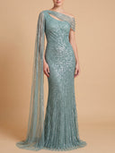 One Shoulder Fitted Gown with Cape Sleeve | Lara 29051