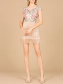 Cap Sleeve Cocktail Gown with Fringes