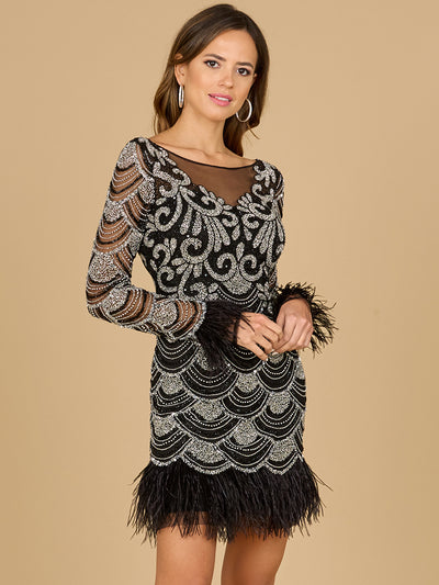 Lara 29066 - Beaded Short Dress with Feathers and Sleeves