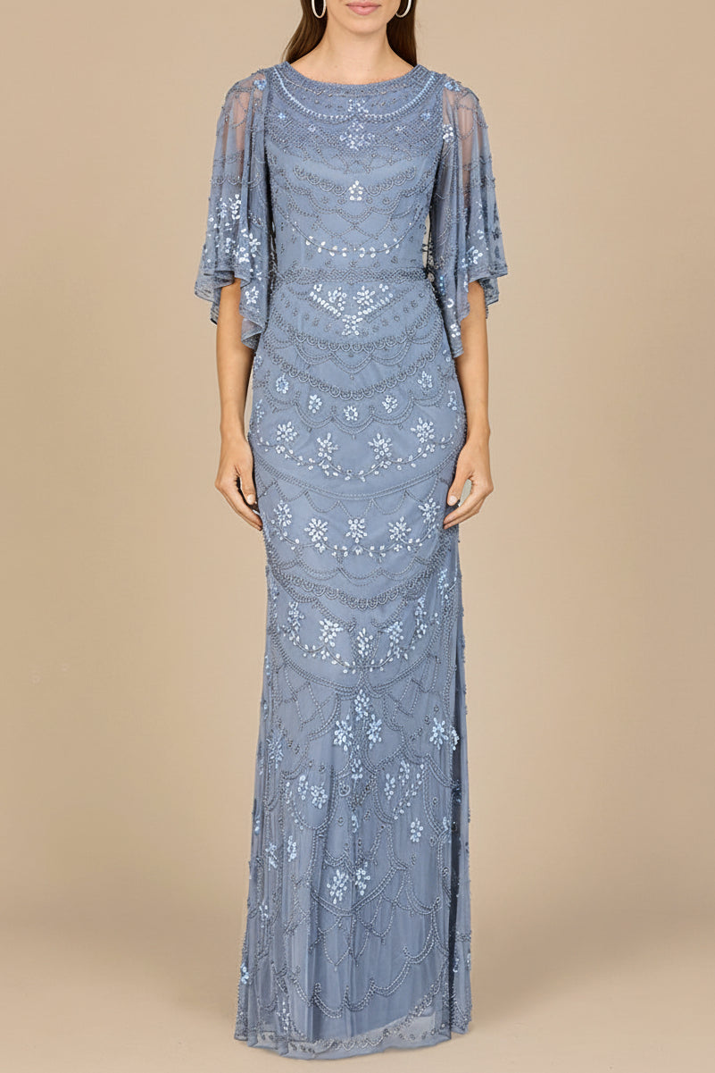 Beaded Lace Gown with Cape Sleeves