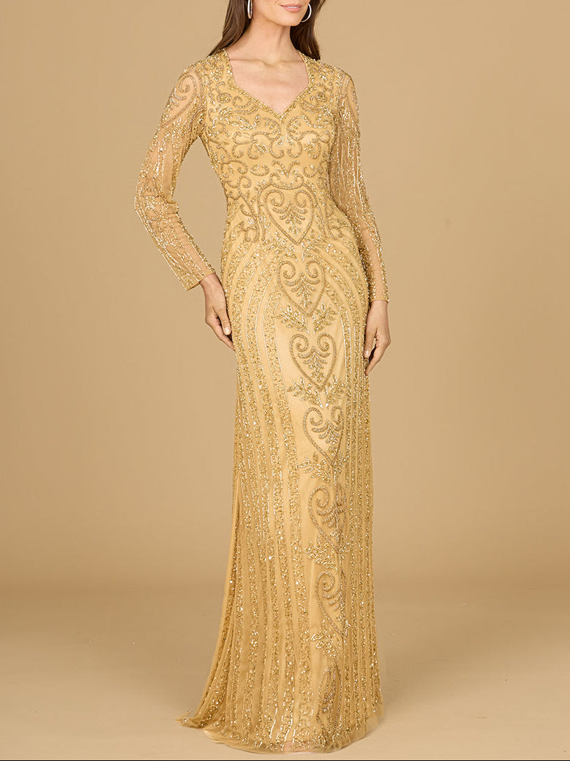 Lara Women's V Neck Beaded Long Sleeve Dress - Gold - 8 Lara Women's V Neck Beaded Long Sleeve Dress - Gold - 8