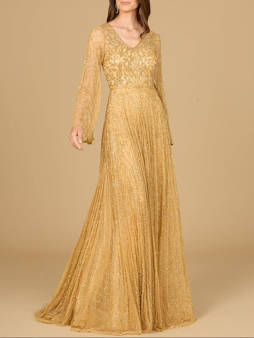 Beaded Long Dress with Flare Sleeves Gold / 4 Beaded Long Dress with Flare Sleeves Gold / 4