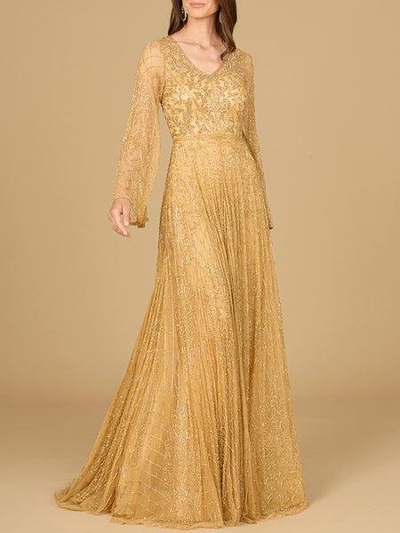 Beaded Long Dress with Flare Sleeves Lara New York Beaded Long Dress with Flare Sleeves Lara New York