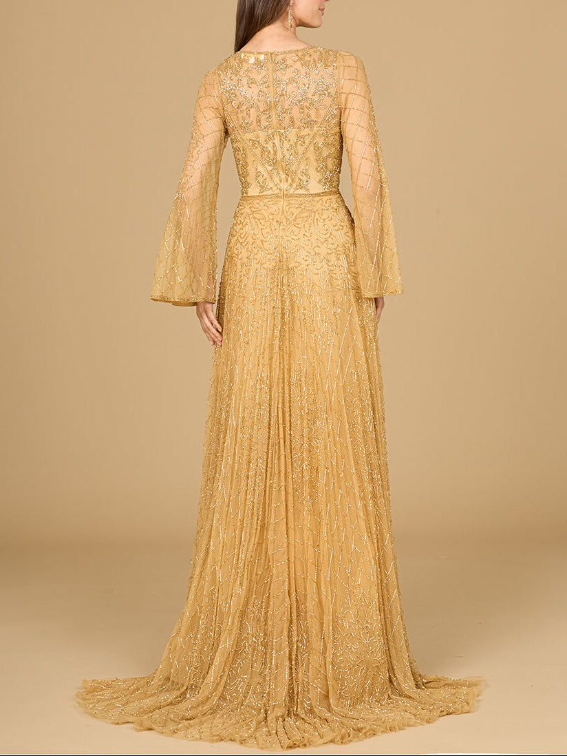 gold dress with long sleeves Beaded Long Dress with Flare Sleeves Gold / 4