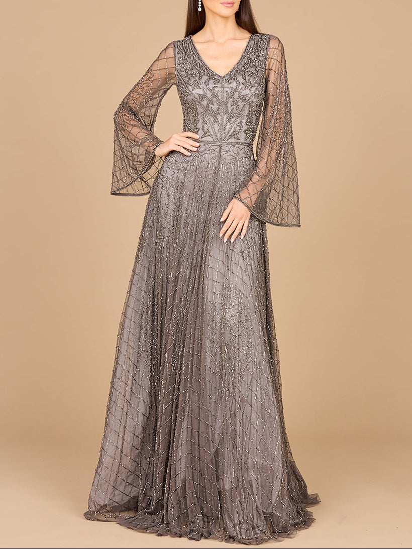 Beaded Long Dress with Flare Sleeves Gold / 4 Beaded Long Dress with Flare Sleeves Gold / 4