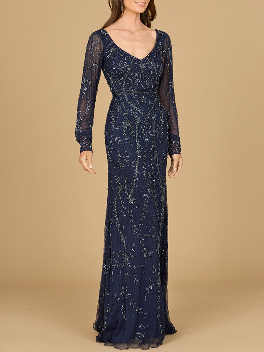 Lara 29120 - V-Neck Beaded Gown with Sleeves