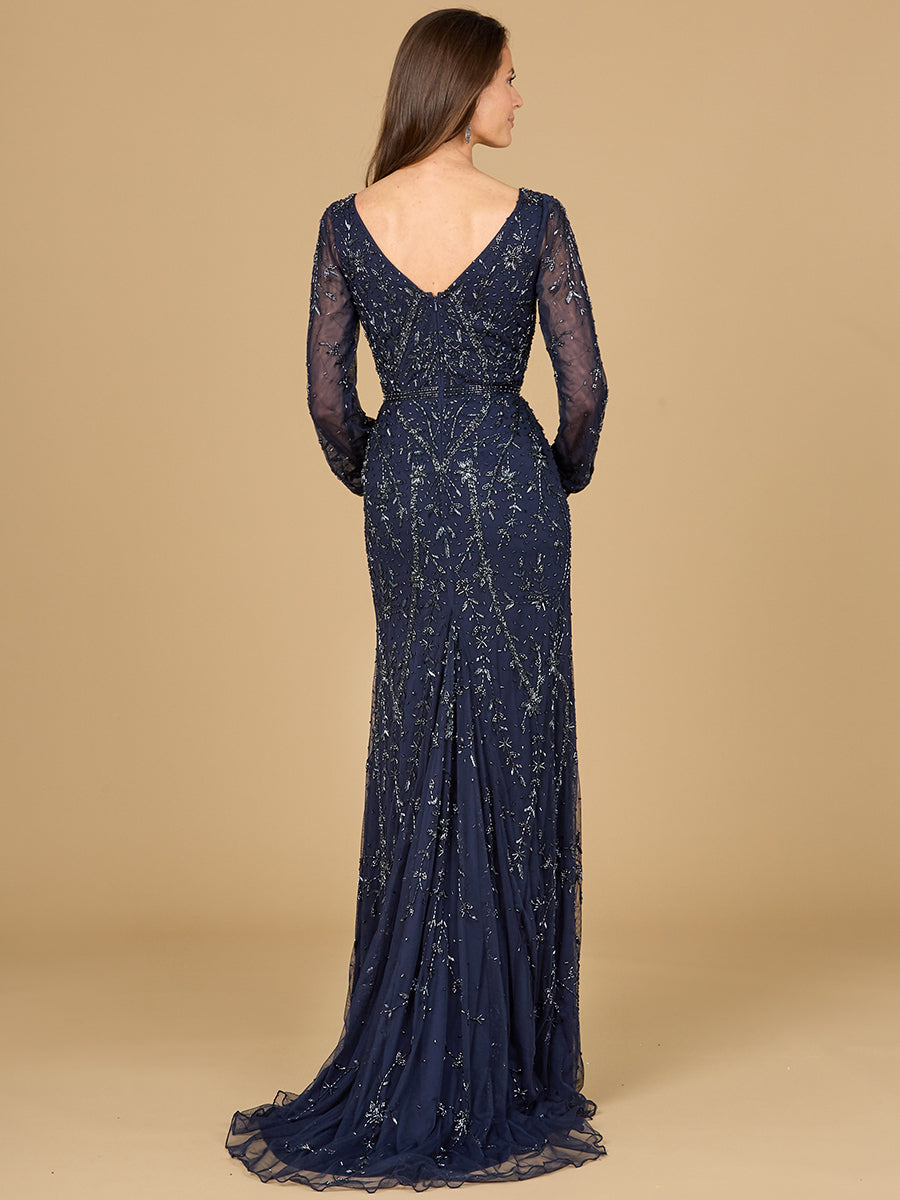 Lara 29120 - V-Neck Beaded Gown with Sleeves
