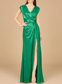 V-Neck Metallic Dress with Slit | 29124 - OUTLET