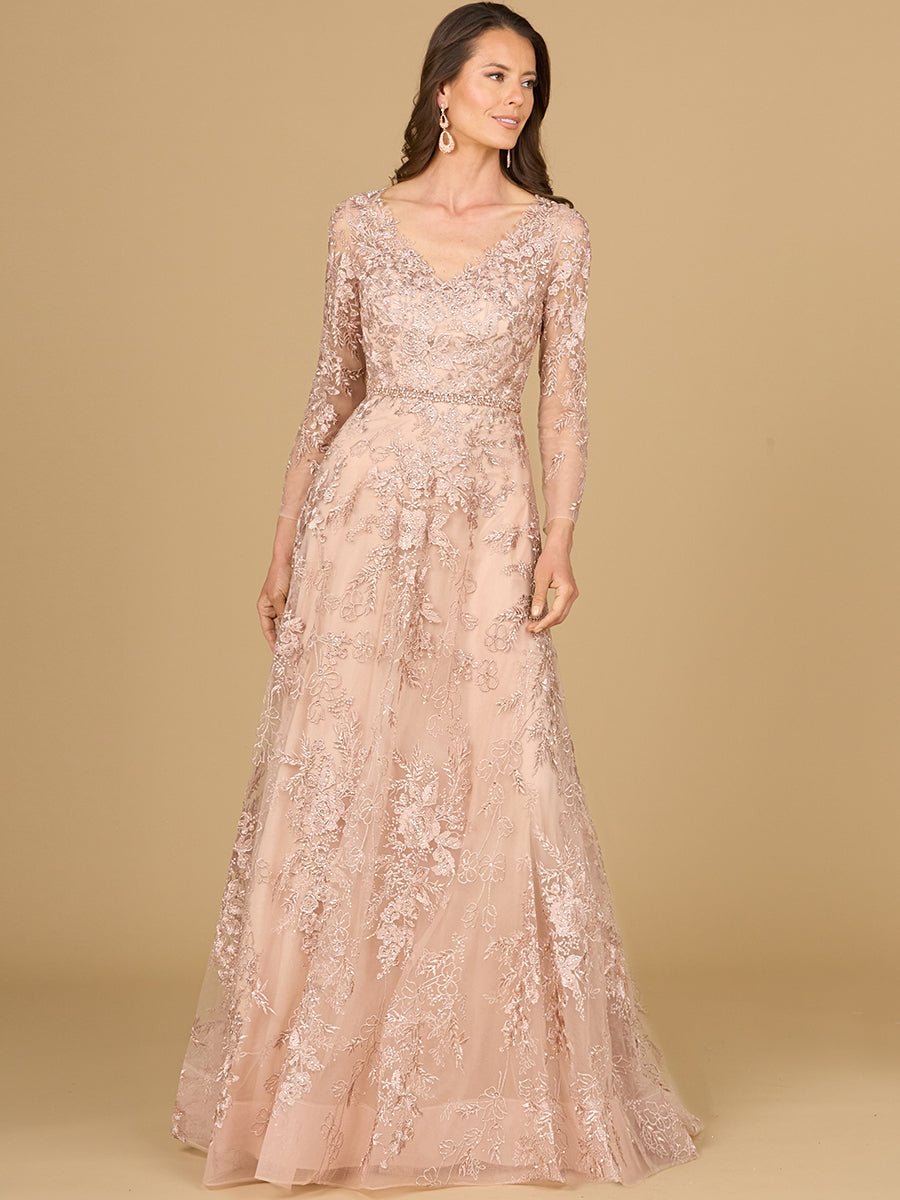 Lara 29132 - Long Sleeve V-Neck Lace Gown