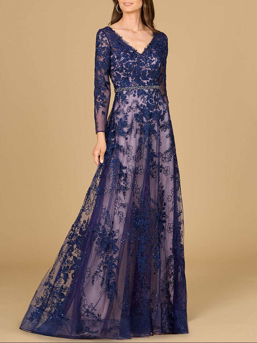 Lara Women's Long Sleeve V-Neck Lace Gown with Beaded Belt
