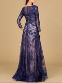 Long Sleeve V-Neck Lace Gown with Beaded Belt