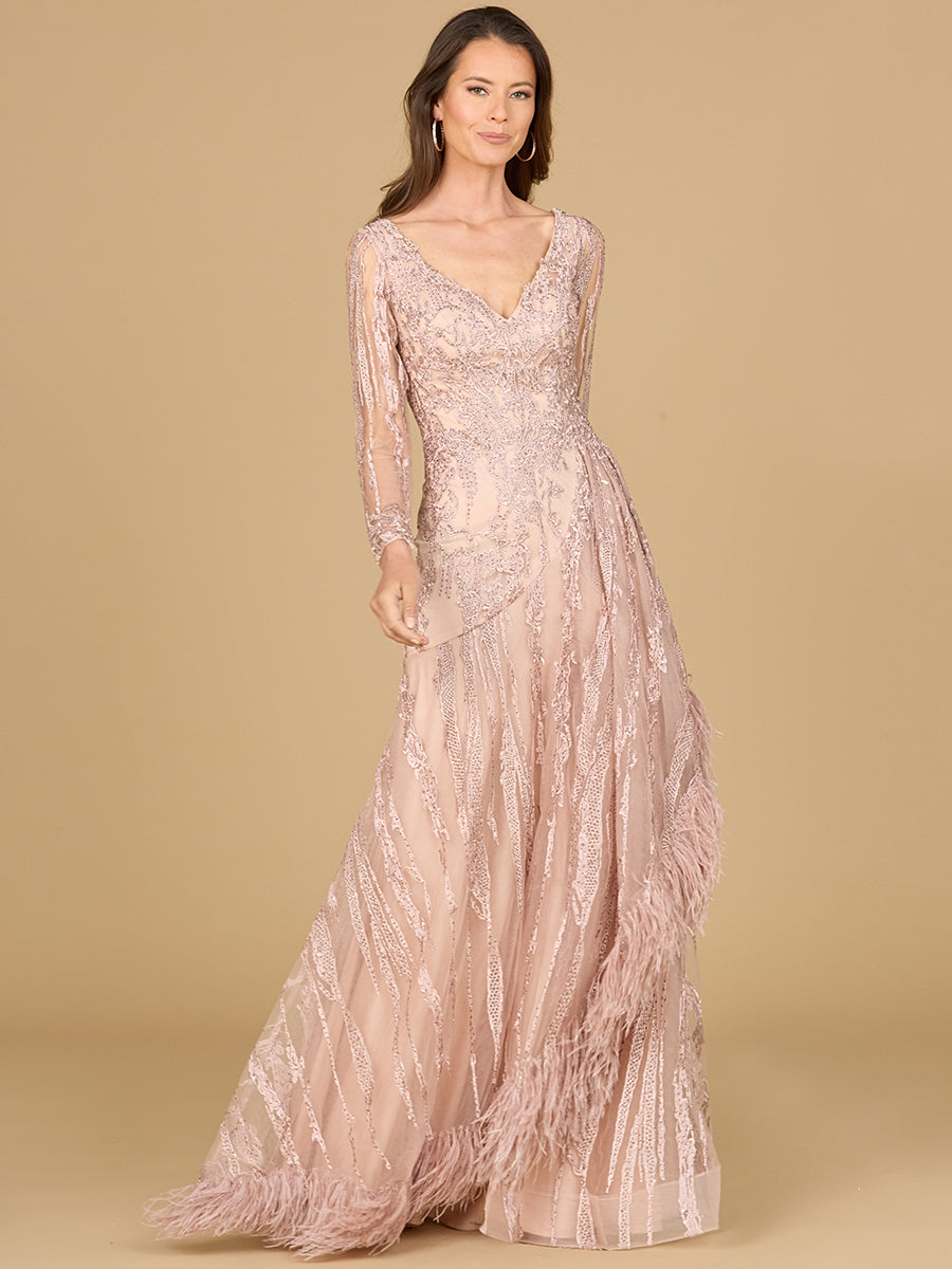 Lara 29133 - Long Sleeve V-Neck Lace Gown with Feathers