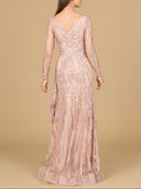 Long Sleeve V-Neck Lace Gown with Feathers